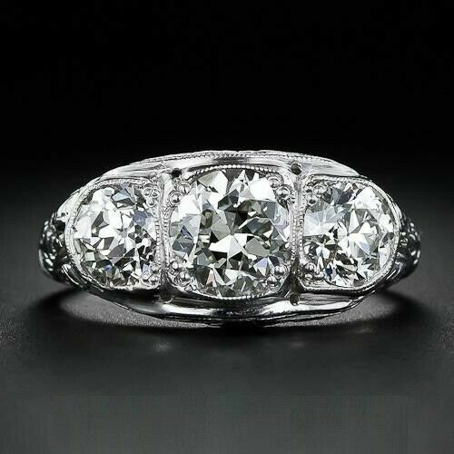 Art Deco 2.30Ct Round White CZ Vintage Three Stone Engagement Ring Silver