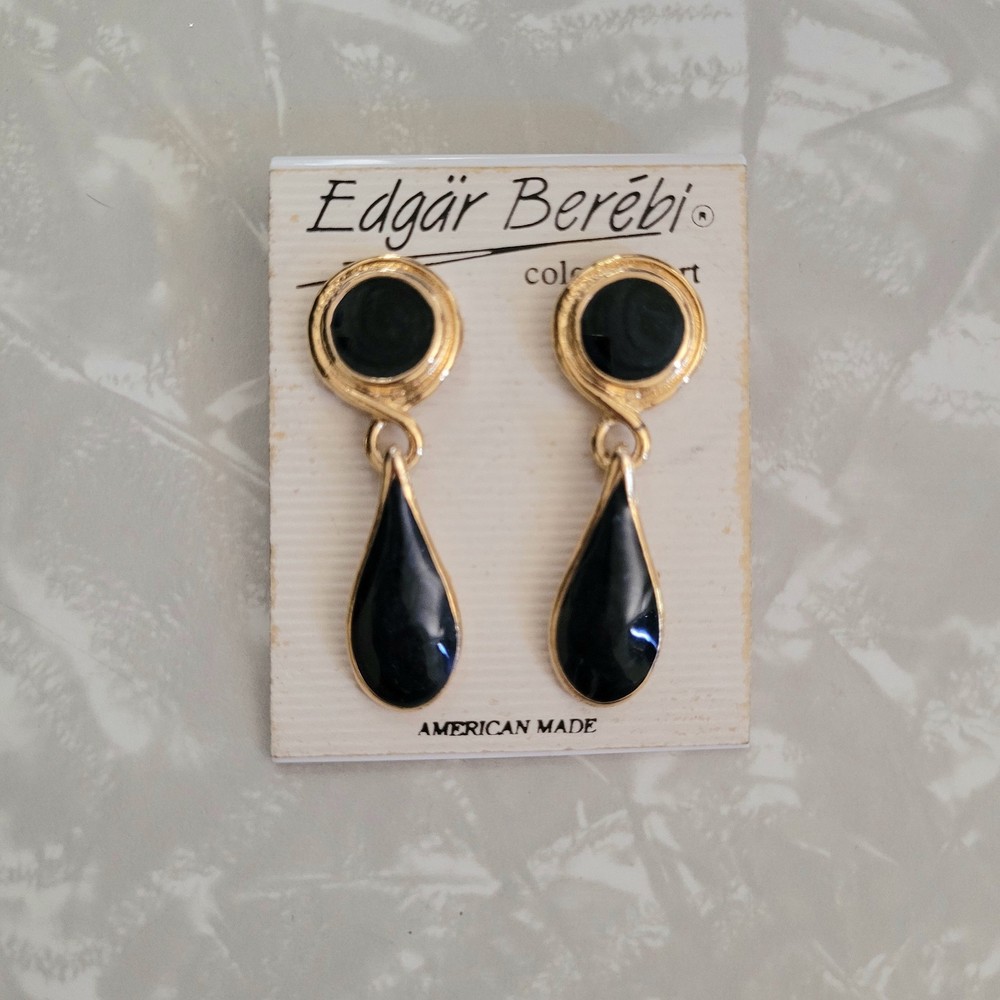 Vintage Edgar Berebi Midnight Blue Enamel & Goldtone Drop Pierced Earrings NOS