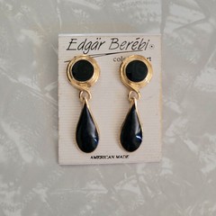 Vintage Edgar Berebi Midnight Blue Enamel & Goldtone Drop Pierced Earrings NOS