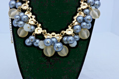 Faux Pearl Rhinestone Statement Necklace Gray Cream Gold Tone Cluster Bib