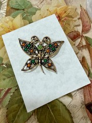 Butterfly Pin, Antique Gold-tone adorned with Faux Coral & Green Cabochons