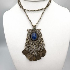 Vintage Middle Eastern Ornate Handcrafted Pendant Necklace w Lapis Lazuli Stone