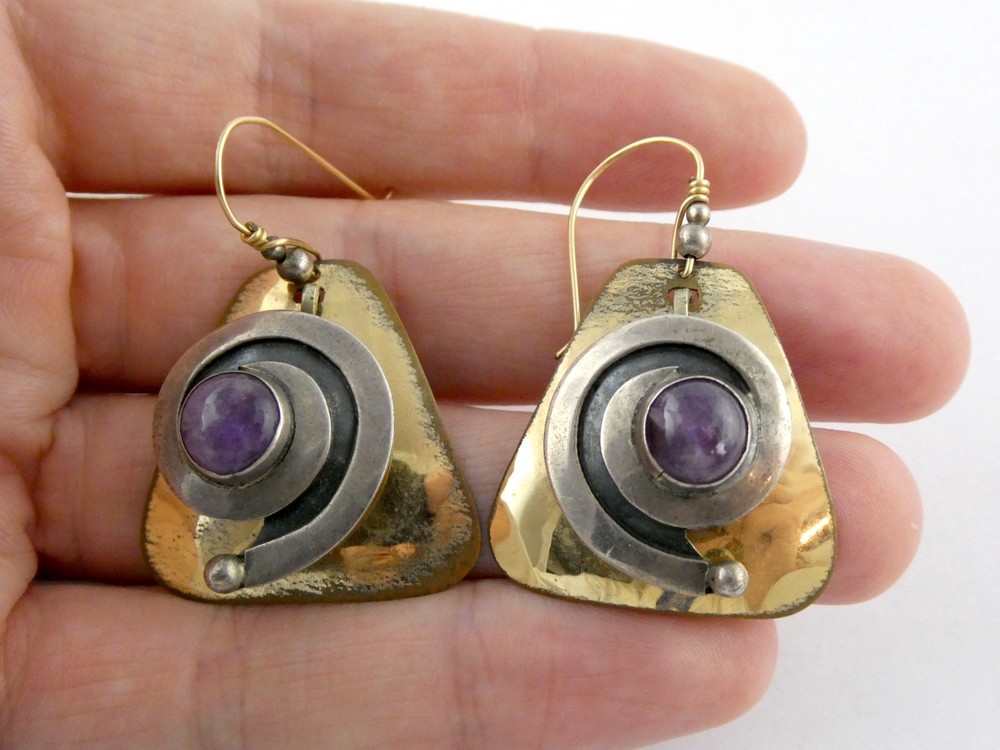 Vintage Artisan Made Mixed Metals Sterling Silver Amethyst Hook Earrings 13.9g