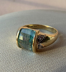 VINTAGE 14K YELLOW GOLD CHECKERBOARD PRISM CUT BLUE TOPAZ DIAMONDS RING DESIGNER