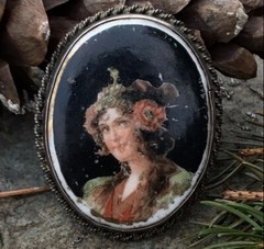 Antique Victorian Sterling Silver Painted Cameo Portrait Porcelain Brooch/Pin