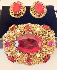West Germany Gold Filigree Enamel Ruby Red & Pink Rhinestone Brooch & Earrings