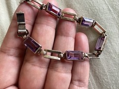 Vintage Sterling Silver 14 K Gold Purple Glass Line Bracelet 7.25”