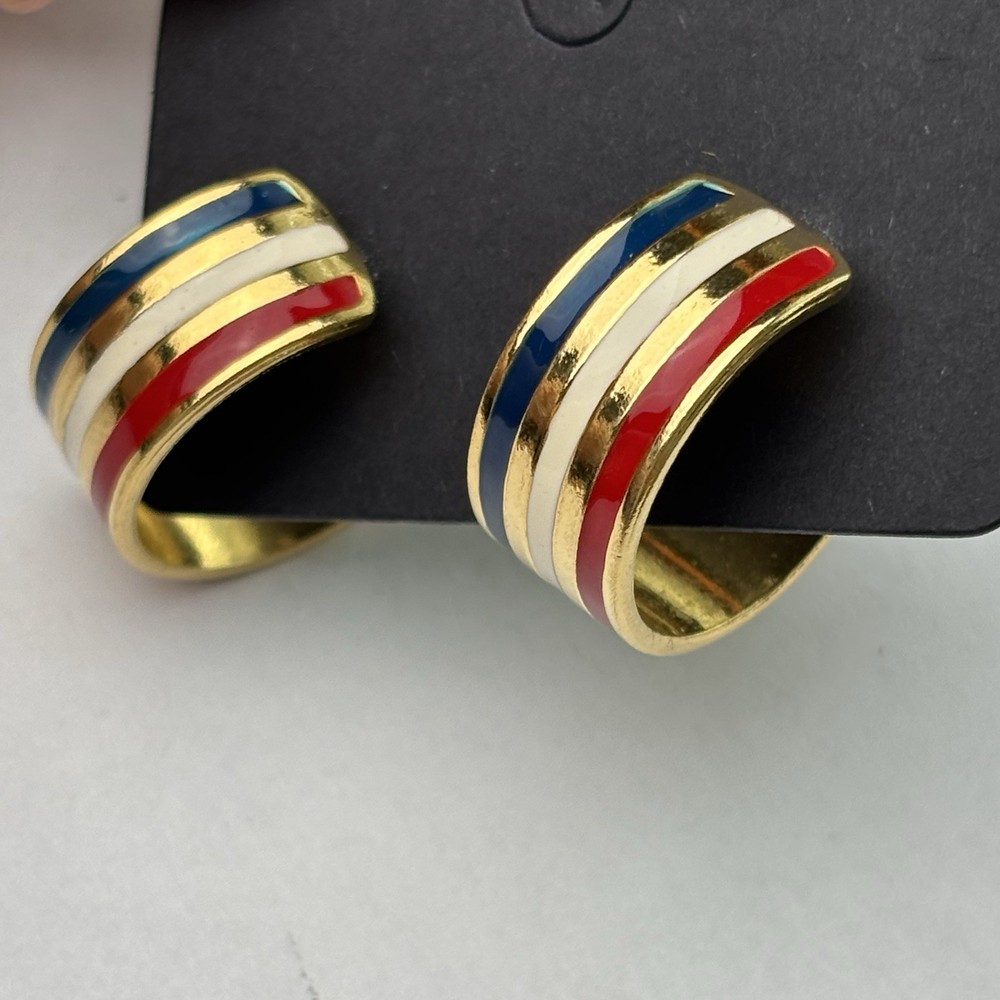 Vintage Avon Earrings American Glory Enamel Huggie Hoop Pierced Patriotic