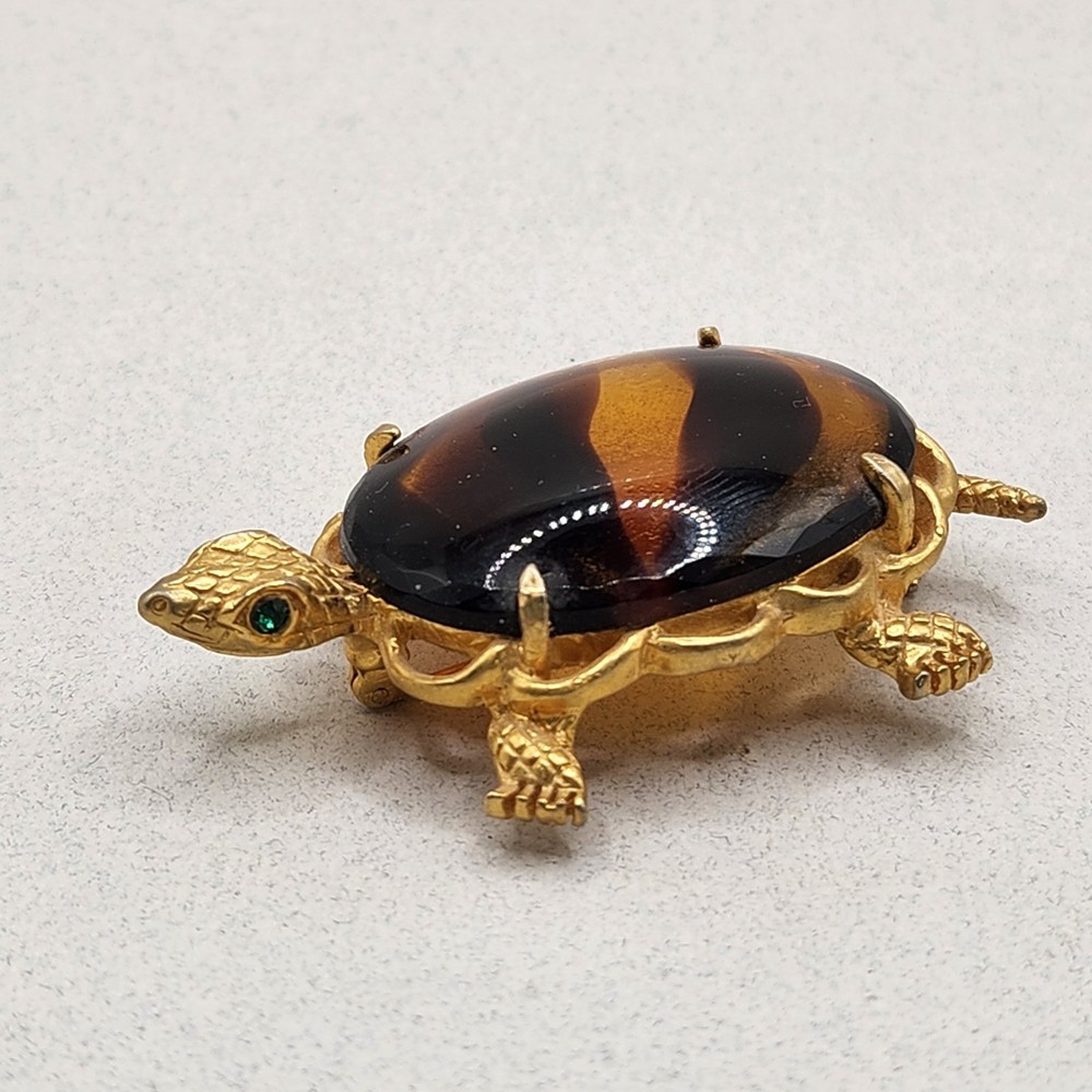 Vintage DeNicola Green Eyed Turtle Brooch Glass Shell
