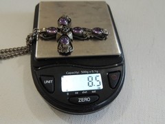VINTAGE 800 SILVER CROSS PENDANT W/ 5 PURPLE CABACHON OVAL STONES & 30″ CHAIN