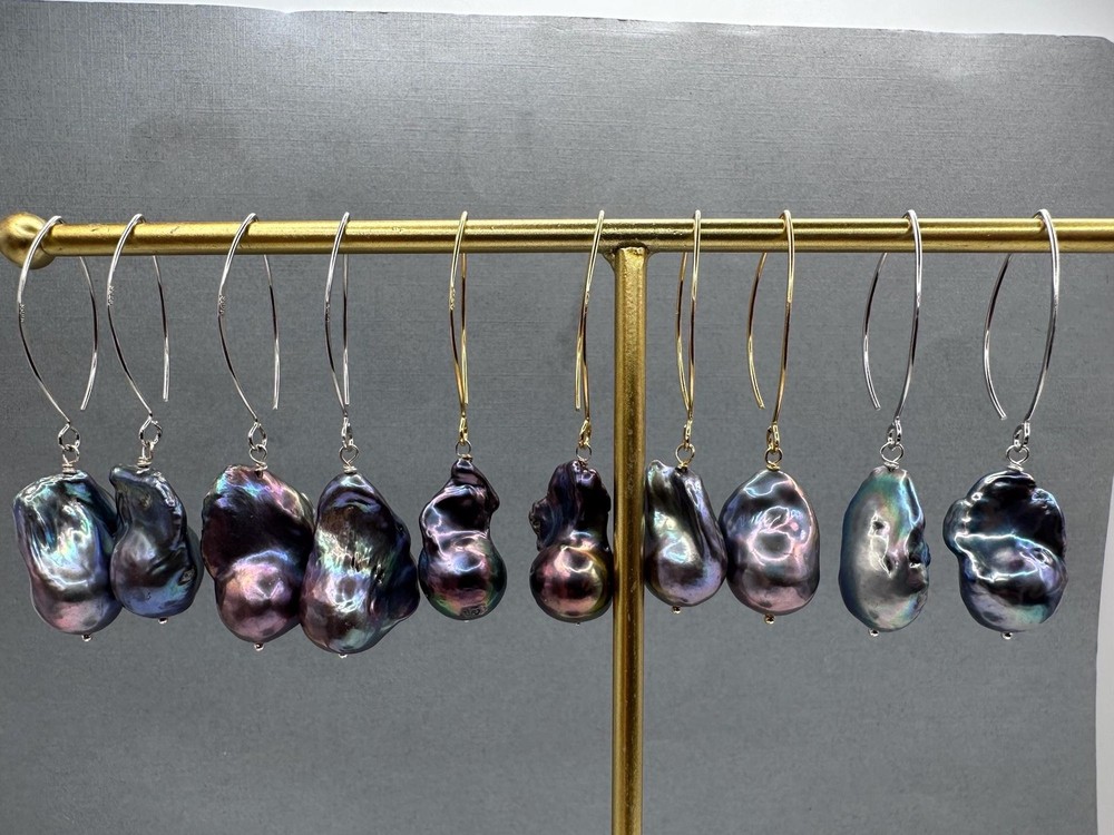 Black Baroque Pearl Earrings, Iridescent Peacock Color, Sterling Silver