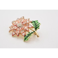 Vintage Christmas Flower Pin Brooch Glitter Enamel Red Silver Gold NOS BinA3