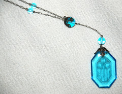 Art Deco Czech Pendant Necklace Floral Intaglio Carved Etched Blue Camphor Glass
