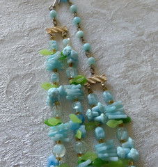 HONG KONG Vintage Pastel Blues Greens Floral Two Strand Lucite Necklace 1960s