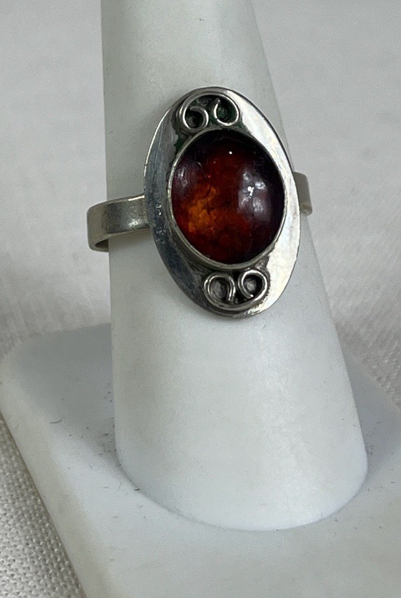 Vintage Silver Tone Amber Scroll work Adjustable ring