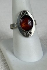 Vintage Silver Tone Amber Scroll work Adjustable ring