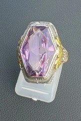 Antique Art Deco Large Hexagon Amethyst Cocktail Ring 14k White Gold Yellow