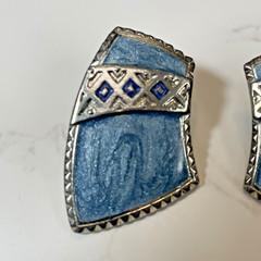 Vintage Edgar BEREBI Tribal So Western Blue Enamel Silver Tone Clip on Earrings