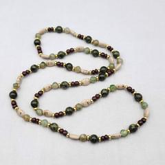 Vintage Brown Green Beige Bead Necklace Gold tone 36″