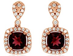 2.46CT DIAMOND & AAA RHODOLITE 14KT ROSE GOLD CUSHION & ROUND HANGING EARRINGS