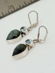 Vintage Sterling Silver Blue Topaz Labradorite Drop Dangle Lever-back Earrings