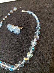 Vintage Laguna Aurora Borealis Blue Faceted Crystal Necklace Clip Earrings Set