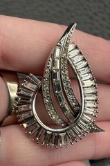 Vintage High End Celestial Crescent Silver Tone Baguette Rhinestone Brooch Pin