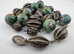 Old Chinese Export Silver Enamel Cloisonne Filigree Melon Bead Chain 26.5″-72.5g