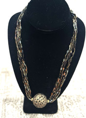 IRIDESCENT BRONZE BROWN BEAD GOLD FILIGREE BALL PENDANT 5 STRAND 22″ Necklace EU