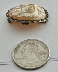 Vintage Carved Shell Rose Cameo Pin Brooch Pendant High Relief 800 Silver Frame