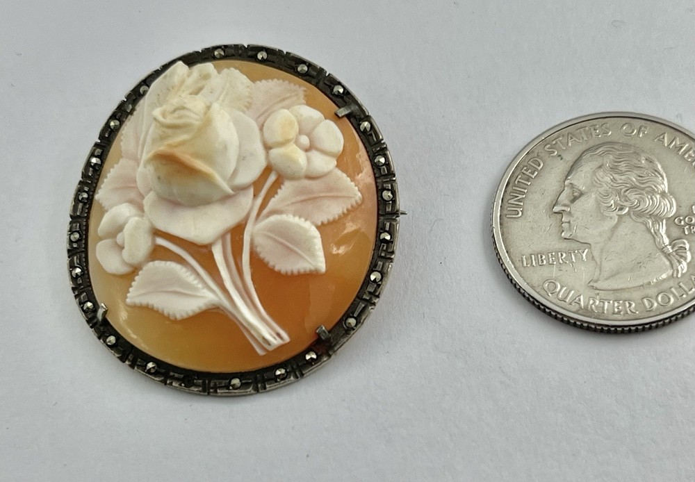 Vintage Carved Shell Rose Cameo Pin Brooch Pendant High Relief 800 Silver Frame