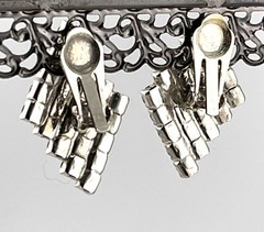 Vintage. Brilliant Black & Clear Diamond Shape Rhinestone Clip Earrings. 1.50”
