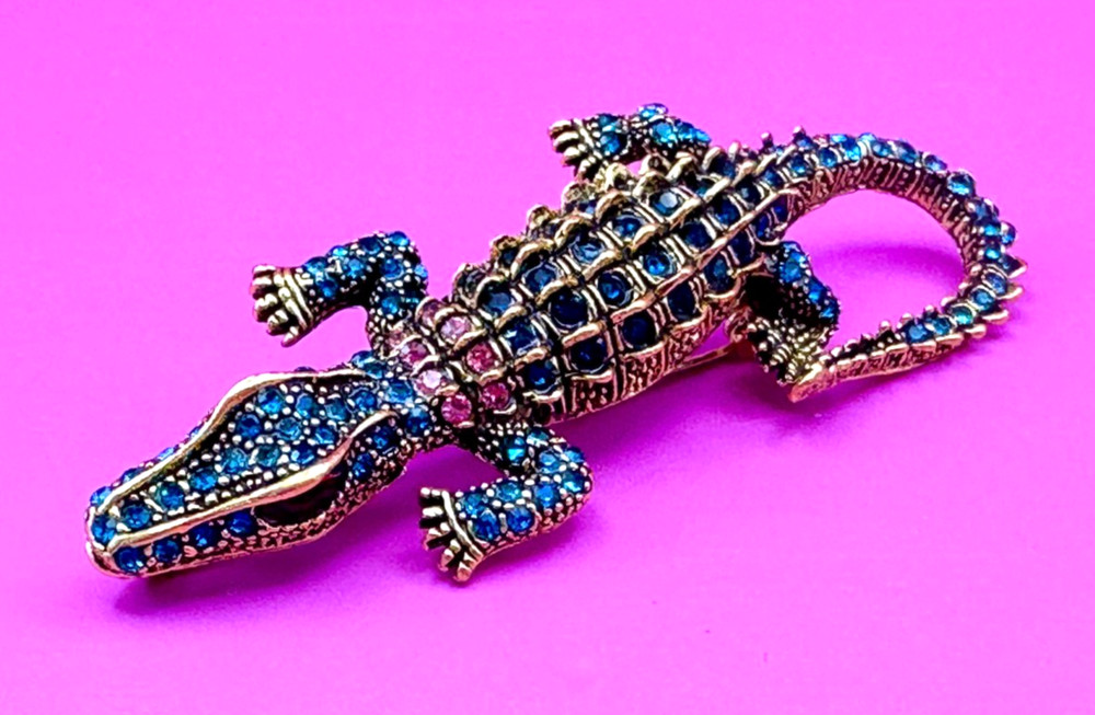 Gold Tone Blue & Pink Rhinestones Alligator Brooch Contemporary