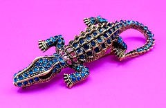 Gold Tone Blue & Pink Rhinestones Alligator Brooch Contemporary
