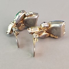 Vintage Rhinestone Clip On Earrings Blue Shield Multicolor Climber Gold Tone