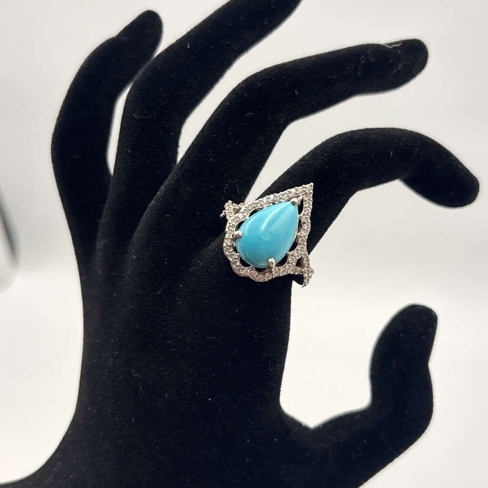 Vintage Ring Turquoise India 925 Sterling Silver Pear Shape Ring Size 6.25