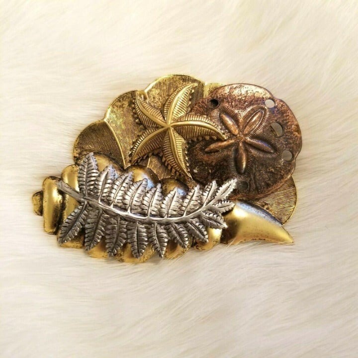 Vtg Nautical Brooch Starfish Sand Dollar Seashell Beach Leaf Art to Wear 2819