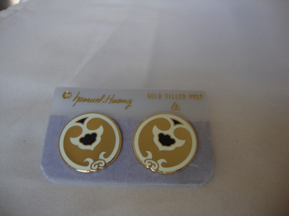 VINTAGE SAMUEL HUANG DESIGNER CLOISONNE RETRO ABSTRACT BLACK WHITE STUD EARRINGS