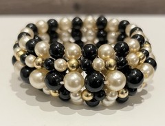 Vintage Faux Pearl Gold & Black Stretch Band Bracelet Fits All