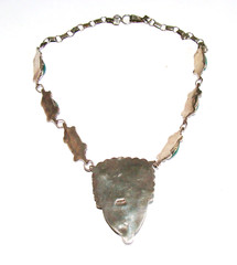 Vintage Mexico Sterling Silver Green Onyx Aztec Warrior Face 17″ Necklace 51.8g