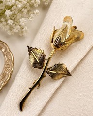 Vintage Gold Tone Rose Flower Brooch Pin Engraved Rosebud Floral Long Stem 1960