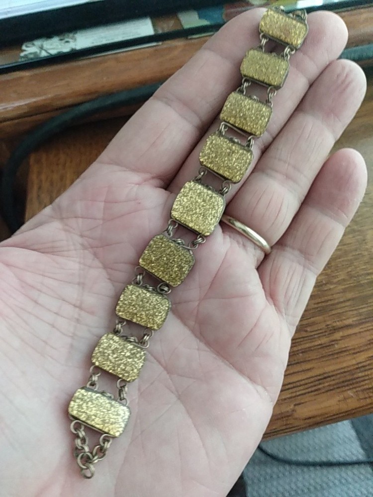 Antique Art Deco Gold Filled Gold Sparkle Glass Panels Bracelet 7 Inches