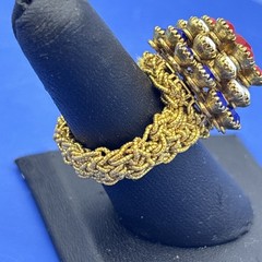 Vintage Red White Blue Rhinestone Stretch Ring Patriotic Flower Dome Gold Tone