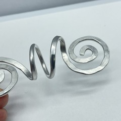 Scarf Slide Silver Tone Hammered Aluminum Double Open Spirals with Center Coil