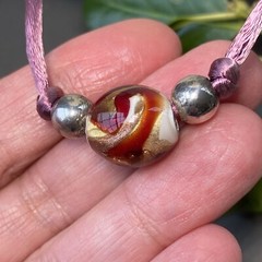 Vintage Necklace Murano Art Glass 24K Gold Fleck Red Pendant Pink Silk Necklace