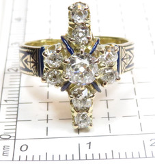 Victorian Old Mine Diamond 1880’s Enamel Engagement Ring 18KY Size 6.25 UK-M
