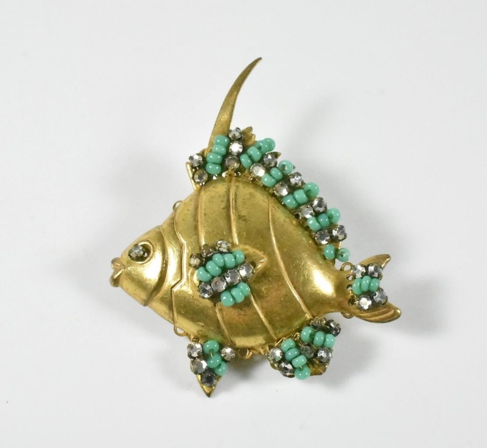 Miriam Haskell Rhinestone and Green Glass Bead Angel Fish Brooch