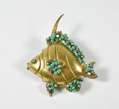 Miriam Haskell Rhinestone and Green Glass Bead Angel Fish Brooch