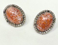Vintge Signed Haskell Lg Oval Faux Coral Cab w/Rhinestone Border Clip Earrings