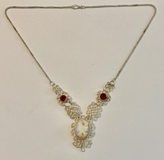 Antique Genuine Shell Cameo Faceted Red Stone Silver Tone Filigree Necklace